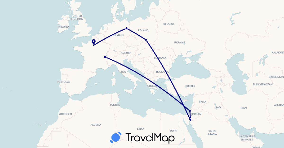 TravelMap itinerary: driving in Switzerland, Germany, France, Israel, Poland (Asia, Europe)